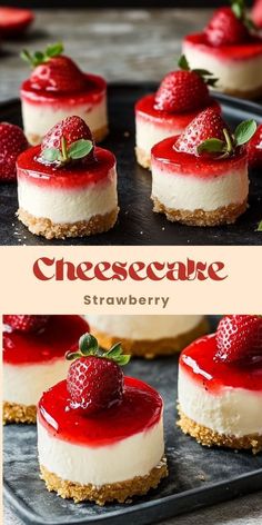 cheesecake with strawberries on top is shown in three different pictures and the same one has