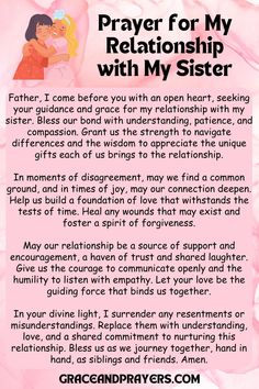 a poem written in pink with the words prayer for my love and sister on it