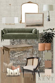 a living room with furniture and decor in shades of green, beige, and brown