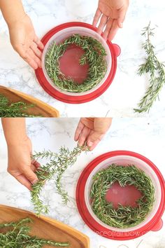 two pictures showing how to make a wreath out of herbs