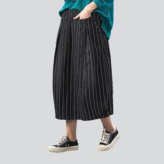 Make a statement in the 2023 Autumn Collection with this striped long women's denim skirt! Turn heads and channel the spirit of the millennium with this Y2K-inspired creation. boasting a high-waisted cut. sanded finish. and rubber closure. A unique blend of vintage and modern. this skirt promises to elevate your look with effortless sophistication.Why You'll Fall In LoveThis skirt is a timeless classic. offering a high-waisted silhouette with a unique. Y2K-inspired charm. Its vertical stripes. s Spring Relaxed Fit Bottoms With Vertical Stripes, Black Cotton Midi Bottoms, Black Cotton Midi-length Bottoms, Cotton Midi Denim Skirt With Pockets, Trendy Midi Bottoms With Pockets, Black Midi-length Bottoms With Pockets, Striped Relaxed Fit Midi Skirt, Casual Cotton Midi Bottoms, Casual Cotton Midi-length Bottoms