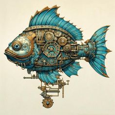 a drawing of a fish made out of mechanical parts