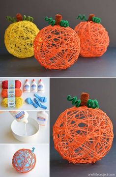 there are three pictures of yarn wrapped pumpkins