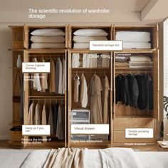 an organized closet with clothes and linens labeled in the words, the scientific revolution of wardrobe storage