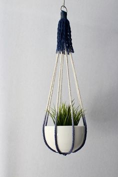 a white hanging planter with blue tassels and a green plant in it