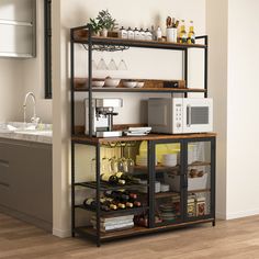 a kitchen area with a microwave, coffee maker and other items