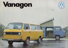 an advertisement for the vw vanagon is shown in front of two vans