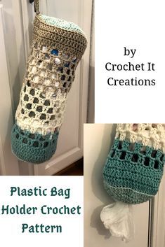 a crocheted bag hanging from a hook on a door with the words plastic bag holder pattern