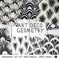 an art deco wall with black and white designs on it, the sign says art deco geometric