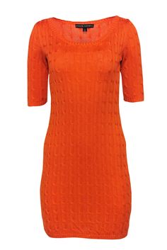 Current Boutique-Ralph Lauren - Orange Cable Knit Silk Dress Sz M Fitted Cable Knit Sweater Dress, Casual Fitted Cable Knit Sweater Dress, Chic Fitted Cable Knit Sweater Dress, Fitted Pointelle Knit Sweater Dress, Ralph Lauren Dresses For Fall, Fitted Orange Knit Dress, Chic Fitted Cable Knit Dress, Fitted Knit Dress, Cropped Sleeves