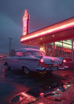 an old car is parked in front of a diner with neon signs on the building