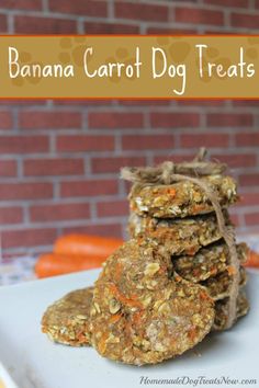 a stack of banana carrot dog treats sitting on top of a white plate