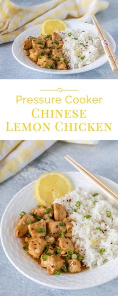 pressure cooker chinese lemon chicken on a white plate with chopsticks next to it