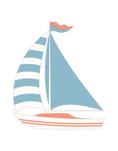 a blue and white sailboat with an orange stripe