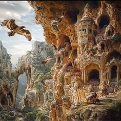 an artistic painting of birds flying over a cliff side town with people and animals in it