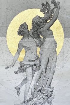 a drawing of two women standing next to each other with the moon in the background