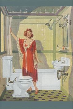 a woman in a red dress standing next to a white toilet and sink with the lid up