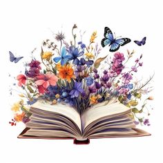 an open book with colorful flowers and butterflies flying over it, on a white background