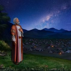 a man standing on top of a lush green field under a sky filled with stars