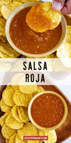 salsa and tortilla chips on a plate with the words salsa roja above it