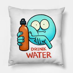 a pillow with a cartoon character holding a bottle and pointing to the water on it