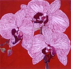 three pink orchids on a red background