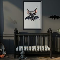 a baby's room with a bat painting on the wall