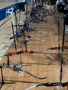 many different types of skis are lined up in a row on the floor with people looking at them