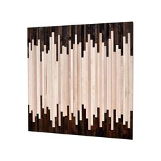 a wooden panel with white and black squares on it, against a white background that is made up of wood strips