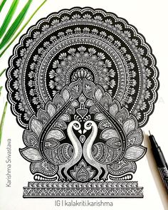 an intricately designed peacock is shown in black and white on a sheet of paper