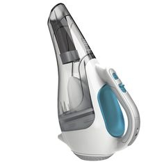 a white and blue vacuum is shown on a white background, with the top part of it's head facing away from the camera