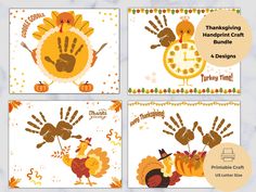 four thanksgiving cards with turkeys and pumpkins