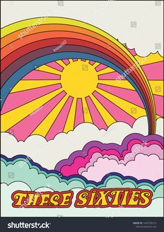 an image of a poster with the sun above clouds and rainbows in the sky