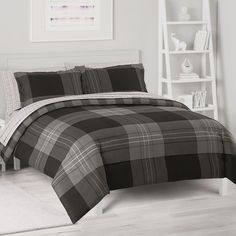 black and white plaid comforter set in a bedroom