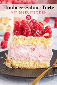 a piece of cake with raspberries on top and the words, humber - sahne - torte mit bismutboden