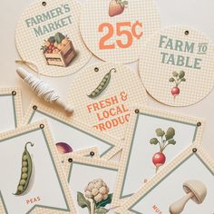 several farmers market stickers on a table