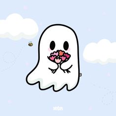 a cartoon ghost with flowers in its mouth