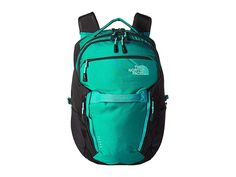 The North Face Women's Surge Backpack (Kokomo Green Ripstop/TNF Black) Backpack Bags. Charge up your commute with The North Face Surge Backpack. Two spacious main compartments with dual-zip closure. Dedicated  lie-flat 15 laptop compartment is lined with fleece and makes for checkpoint-friendly travel. Fleece-lined tablet sleeve is padded for extra protection. Front pocket with organization panel and zip closure. Elastic water #TheNorthFace #BagsandLuggage #Bag #Backpack #Green Tablet Sleeve, North Face Women, Branded Bags, Black Backpack