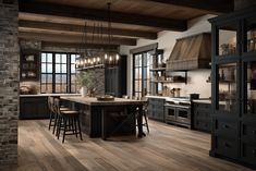 a large kitchen with wooden floors and dark colored cabinetry, along with brick walls