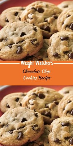 chocolate chip cookies on a red plate with the words weight watchers written in large letters