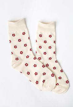 - Length: 18.5cm ( 7.2 inch )  - Crew length  - Red floret print  - Material: 100% Cotton Red Cotton Socks For Spring, Beige Cotton Socks For Summer, Casual Floral Print Socks For Spring, Comfortable Red Socks For Summer, Funky Socks, Led Dress, Fashion Buyer, Cute Socks, Birthday Wishlist