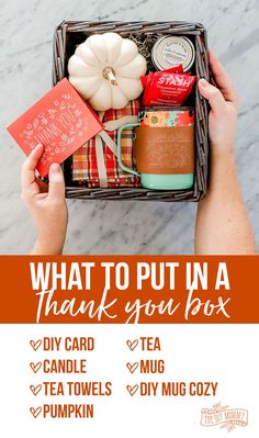 what to put in a thank you box for someone who likes tea, mugs, and pumpkins