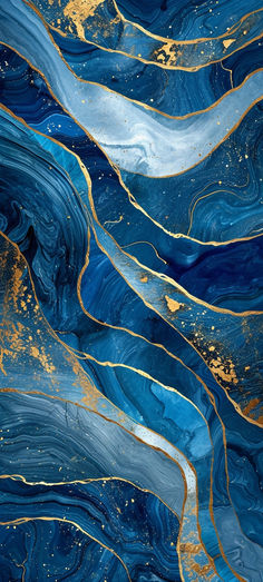 an abstract painting with blue and gold paint on the bottom, it looks like waves