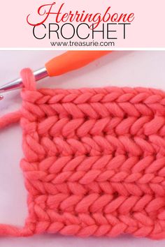 the crochet stitch is being worked on by an orange handled knitting needle with text overlay that says,'herringbone crochet '