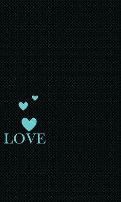 the word love is written in green and blue on a black background with small hearts