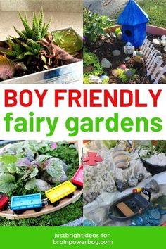 a collage of pictures with plants and toys in them that say, boy friendly fairy gardens