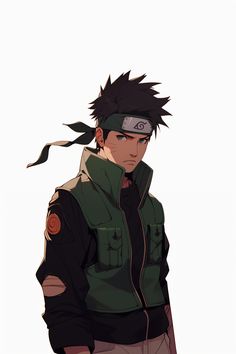 an anime character wearing a green jacket and black hair, standing in front of a white background