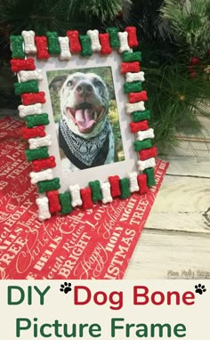 a dog bone picture frame is decorated with red, green and white beads for christmas