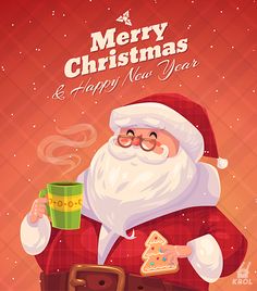 a christmas card with santa claus holding a cup of coffee and eating pizza in front of him