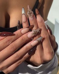 Vacation Nail Set, Ethereal Nails Acrylic Almond, Fall Nails Baddie, Brown Almond Acrylic Nails, Newjeans Nails, Almond Birthday Nails, Vogue Nails, Manicured Nails